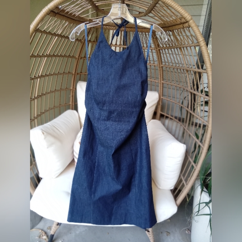 VINTAGE Ann Taylor Dark Wash Denim Halter Dress Y2K Sleeveless Backless Midi 8P - Picture 10 of 11